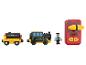 Spielzeugeisenbahn-Set mit Lokomotive, Waggon, Figur und Fernbedienung.