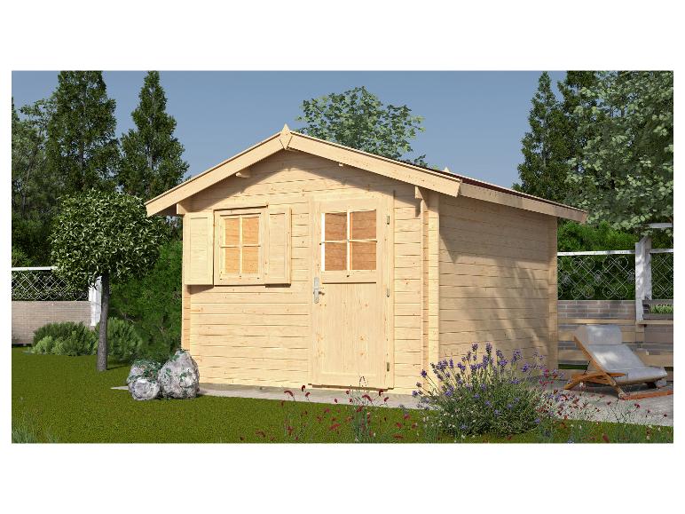 Holzgartenhaus mit Fenster und Tür, umgeben von Grün und einem Liegestuhl.