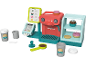Spielzeug-Kaffeemaschine mit Kasse, Vitrine und Zubehör.