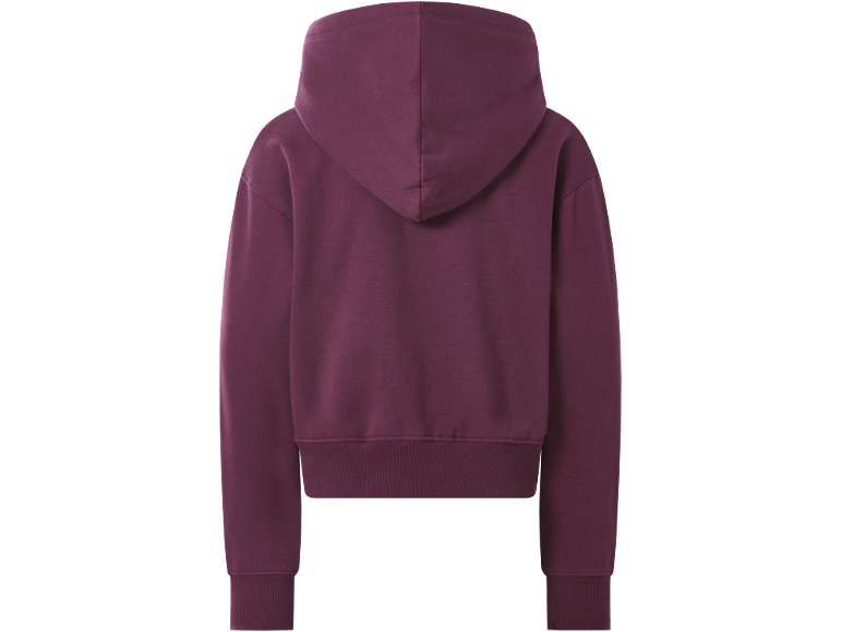Rückseite eines dunkelvioletten Hoodies mit Kapuze und gerippten Bündchen.