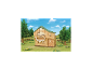 Holzspielhaus mit grünem Dach, Hängematte und Blumen in einer Gartenumgebung.