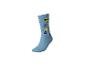 Hellblaue Socke mit coolem Emoji, Sternen und den Zahlen 2 und 4.