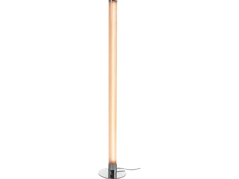 Säulen-Stehleuchte mit goldenem Glitzer, Chromfuß und schwarzem Kabel.