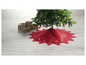 Ein roter Weihnachtsbaumrock mit Lichtern unter einem Weihnachtsbaum mit Geschenken.