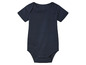 Ein dunkelblauer Babybody mit kurzen Ärmeln.