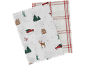Zwei Geschirrtücher mit Weihnachtsmotiven: eines rot kariert, eines mit Weihnachtsmotiven.
