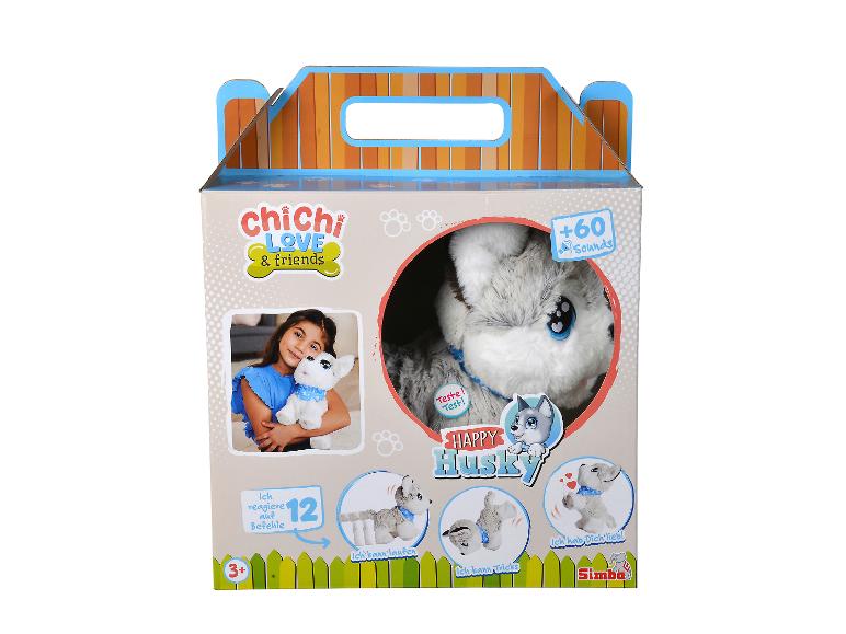 Interaktives Plüsch-Husky-Spielzeug in einer Box, das auf 12 Befehle reagiert und über 60 Geräusche macht.