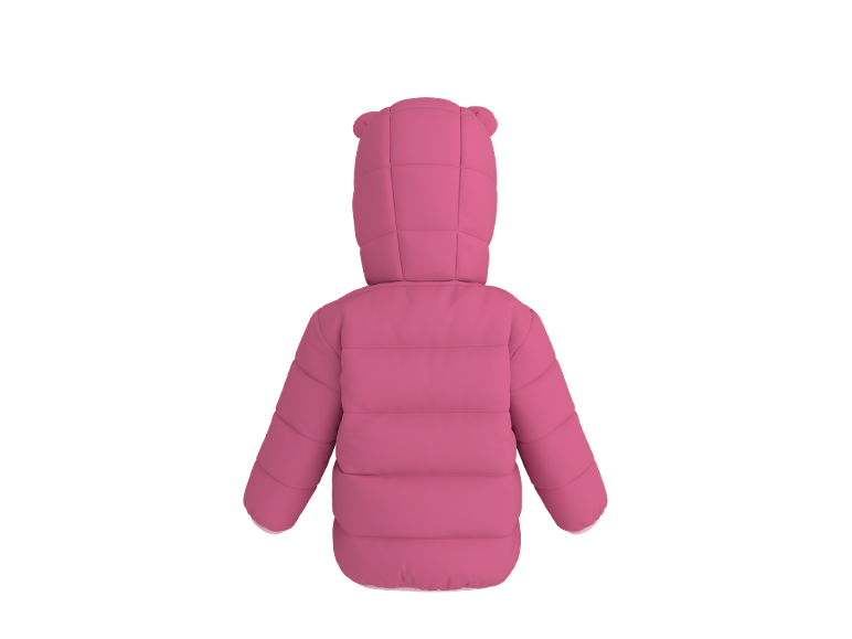 Rosa wattierte Kinderjacke mit Kapuze und kleinen Ohren, von hinten gesehen.