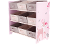 Rosa Kinderregal mit 9 Stoffboxen, verziert mit Reh und Igel.