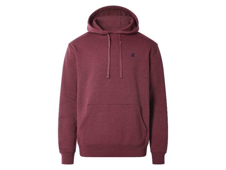 Bordeauxroter Hoodie mit Kordelzug und kleinem Logo auf der Brust.