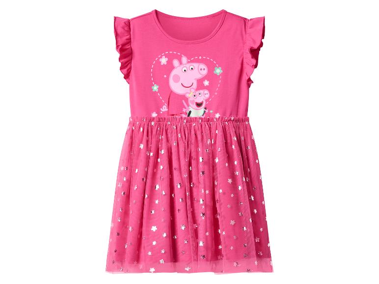 Pinkes Kurzarmkleid mit Cartoon-Schweinchen-Print und glitzerndem Tüllrock