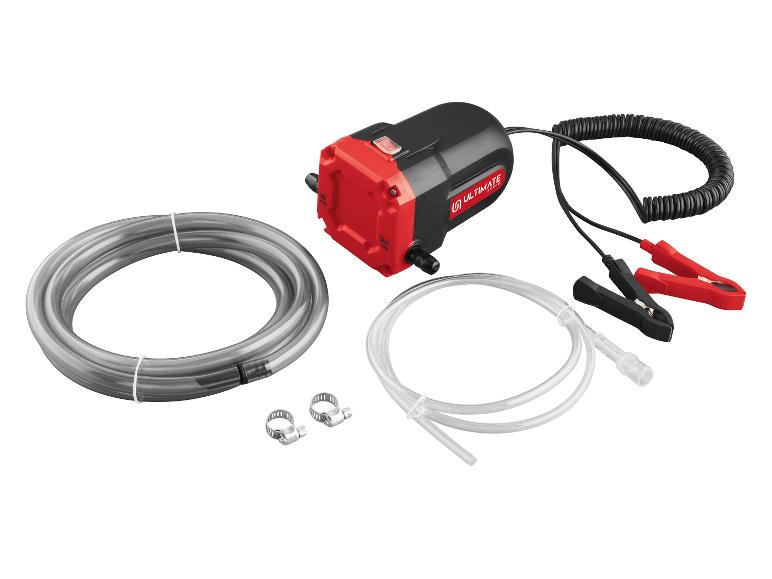 Rot-schwarze Öltransferpumpe mit Schläuchen und Klemmen auf weißem Hintergrund.