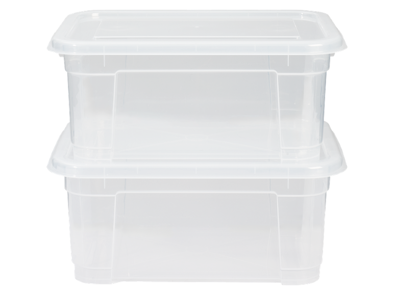 Zwei transparente Plastik-Aufbewahrungsboxen mit Deckeln, übereinander gestapelt.