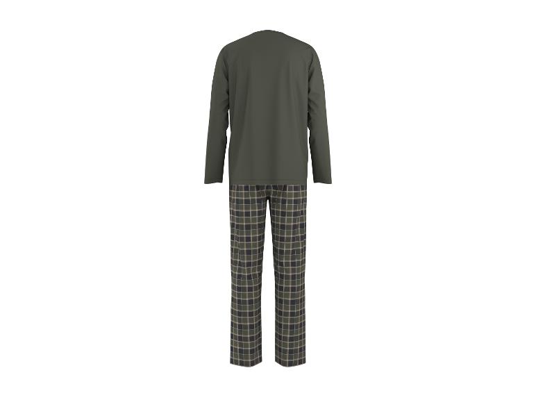 Herrenpyjama: grünes Langarmshirt und karierte Hose.