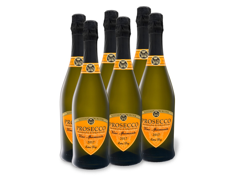 Sechs Flaschen Allini Prosecco Extra Dry Spumante Wein.