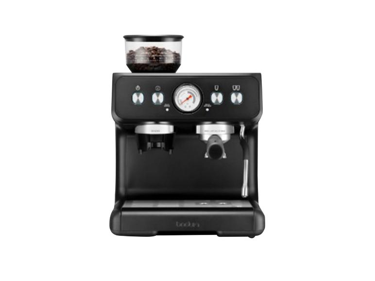 Kaffeemaschine mit integriertem Mahlwerk und Manometer.