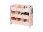 Rosa Kinderregal mit Stoffboxen und Spielzeug.