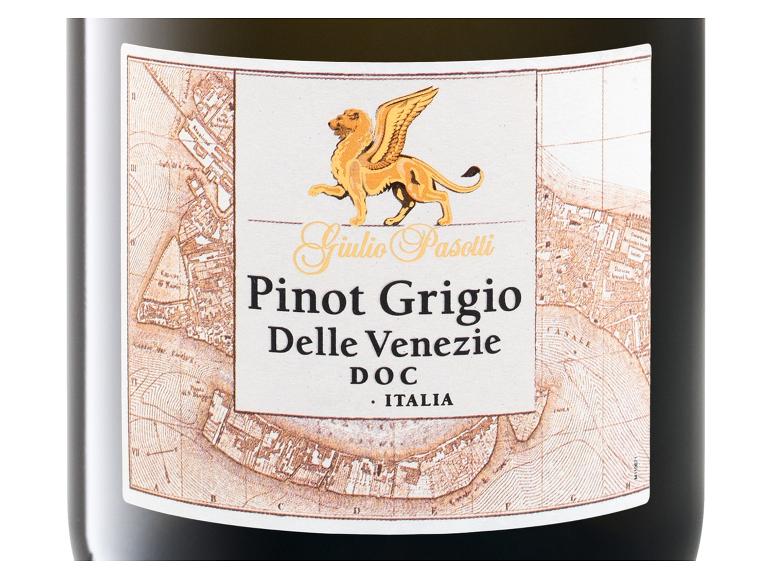 GIULIO PASOTTI Pinot Grigio Venetien DOC trockener Weißwein mit geflügeltem Löwenlogo und Kartenhintergrund.