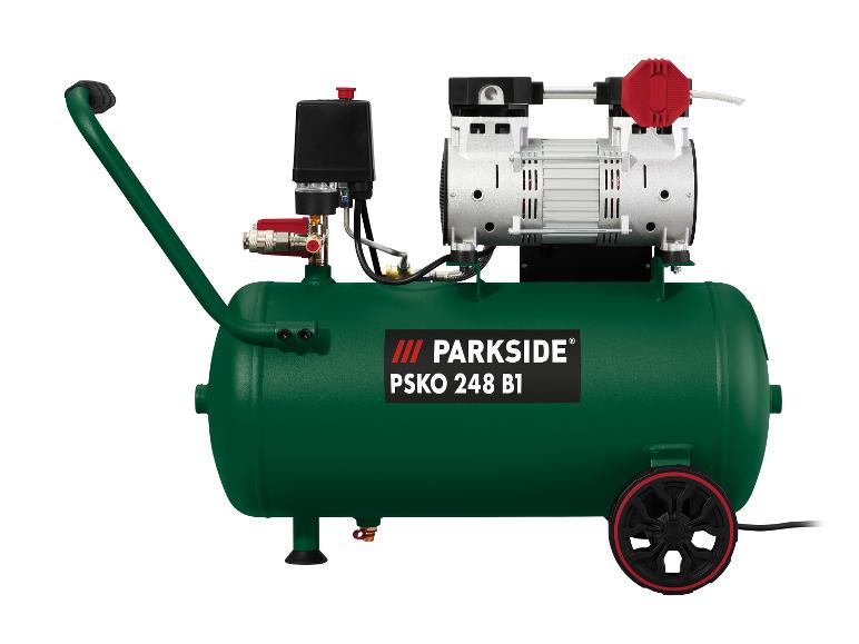 Grüner Parkside PSKO 248 B1 Kompressor mit schwarzen Rädern und Griff.