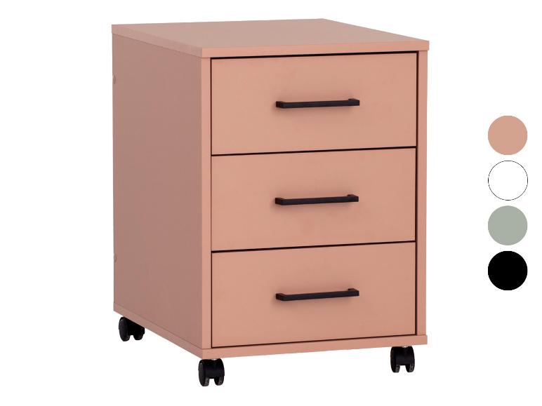 Rollcontainer mit drei pfirsichfarbenen Schubladen, schwarzen Griffen und Rollen.