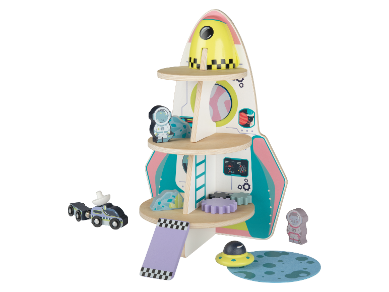 Holzspeilzeug Rakete mit Astronauten und UFOs.