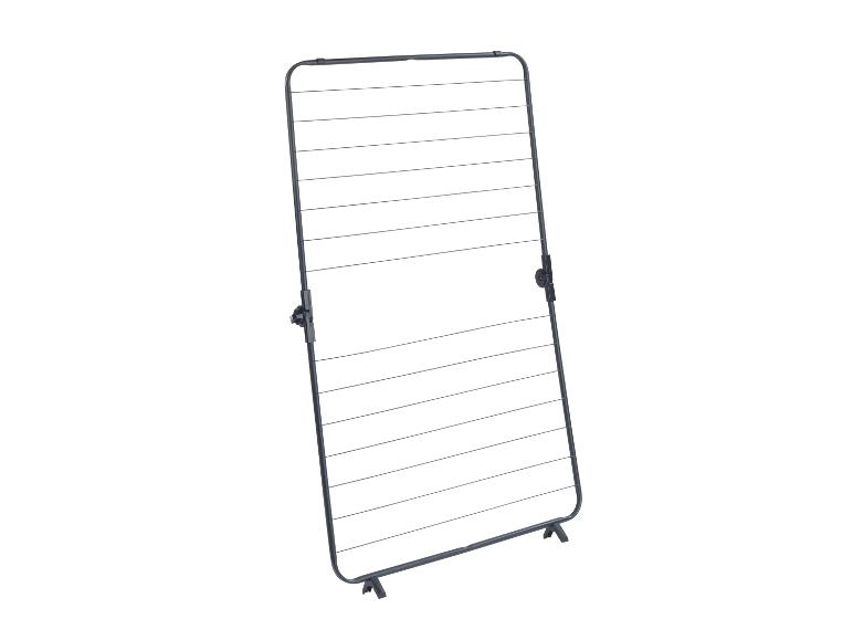 Ein dunkelgrauer, zusammenklappbarer Wäscheständer.