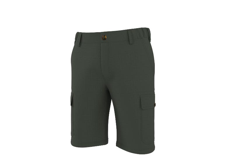 Dunkelgrüne Cargo-Shorts mit Seitentaschen und braunem Knopf.