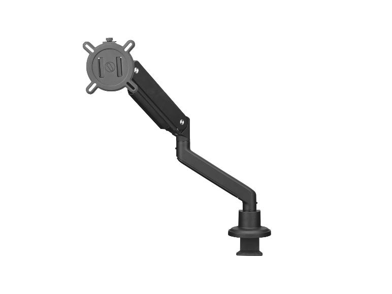 Schwarze Monitorhalterung mit verstellbarem Arm und Befestigungsklemme.