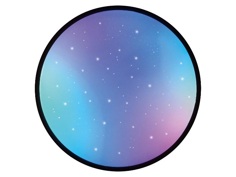 Runder Hintergrund mit blau-lila Farbverlauf und glitzernden Sternen.