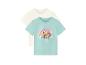 Zwei Kinder-T-Shirts, eines cremefarben und eines hellblau mit einem Paw Patrol Skye-Aufdruck.