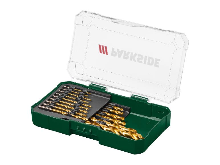 Set goldener Bohrer in einer grünen und transparenten Box mit Parkside-Logo.