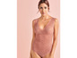 Ein rosa Body aus Spitze mit tiefem V-Ausschnitt.