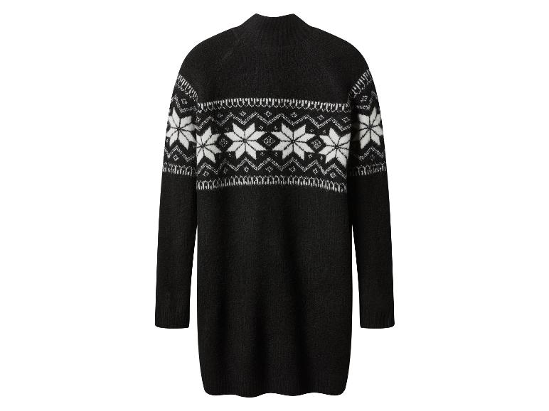 Schwarzes Pulloverkleid mit weißen Schneeflocken- und geometrischen Mustern.