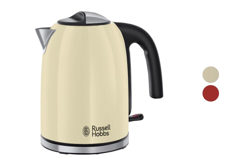 Ein cremefarbener Wasserkocher von Russell Hobbs mit einem schwarzen Griff.
