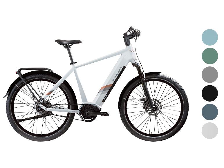 Weißes Zündapp E-Bike mit Farbmustern in Blau, Grün, Grau und Schwarz.