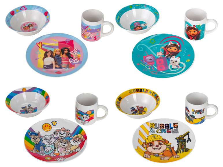 Set aus Schüsseln, Tellern und Tassen mit Barbie, Gabby's Dollhouse, Paw Patrol und Rubble & Crew Motiven.