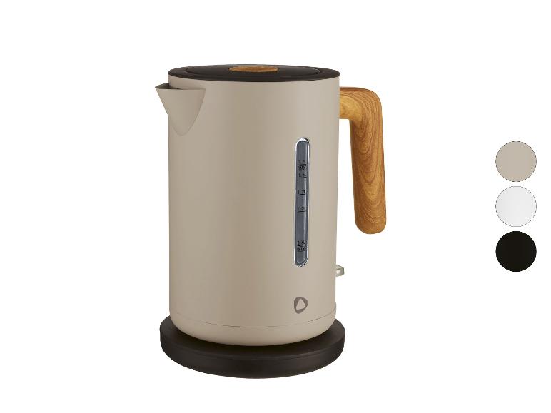 Beiger Wasserkocher mit Holzgriff und schwarzem Sockel, mit Farbauswahl.