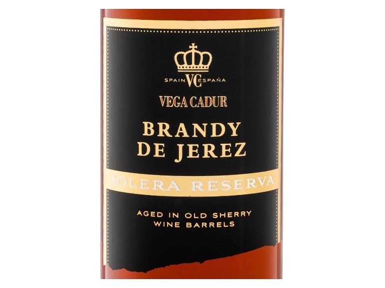 Etikett für Jerez Solera Reserva Brandy, gereift in alten Sherryweinfässern.