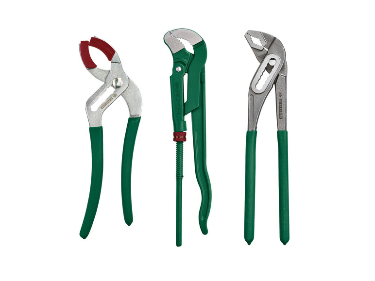 Drei grüne Parkside Zangen, darunter eine Rohrzange.