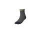 Graue Socke mit olivgrünem Bündchen und dunkelblauer Spitze und Ferse.