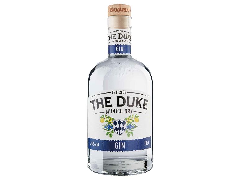 Flasche The Duke Munich Dry Gin mit blau-weißem Etikett.