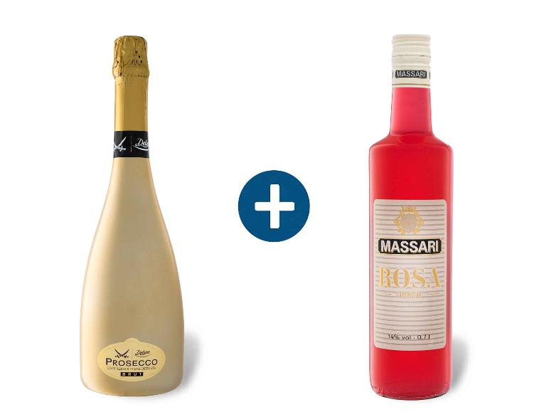 Eine Flasche Deluxe Prosecco Brut und eine Flasche Massari Rosa Aperitivo mit einem Pluszeichen.