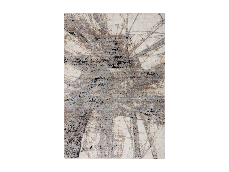 Moderner Teppich mit Baummotiv, in Beige- und Grautönen.