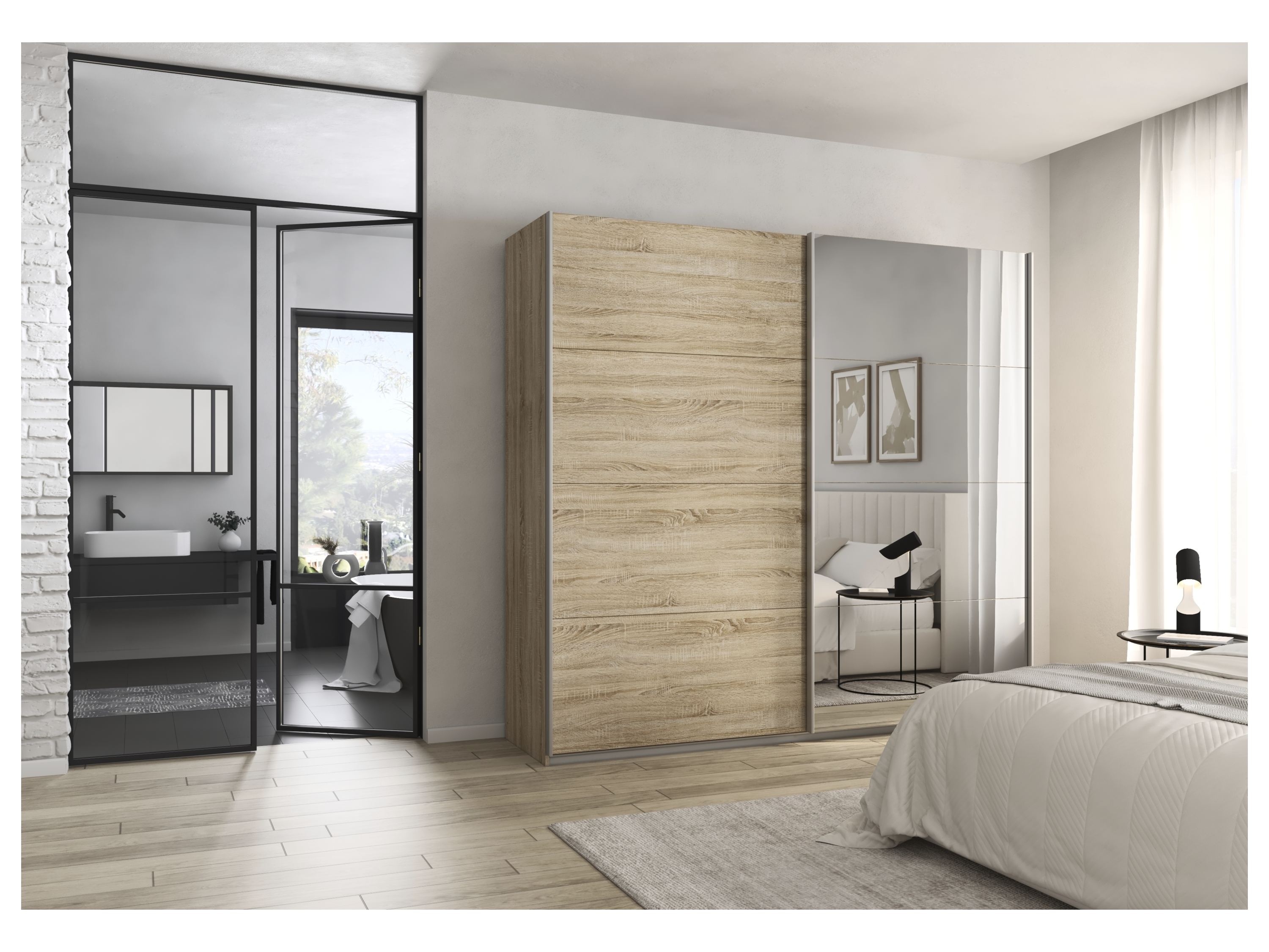 RAUCH ORANGE Quadra Schwebetürenschrank mit Spiegelelementen (Classic-Zubehör, Korpus: Eiche, 315 x 210 cm) – Bild 2 von 4