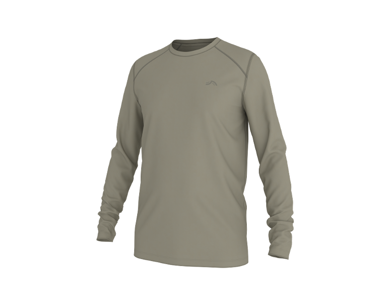 Beiges Langarmshirt mit Kontrastnähten und kleinem Logo auf der Brust.
