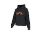 Schwarzer Hoodie mit abstraktem orangefarbenem Muster auf der Brust.