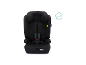 Schwarzer Kindersitz mit Sicherheitsgurten, geeignet für 100-150 cm Körpergröße.