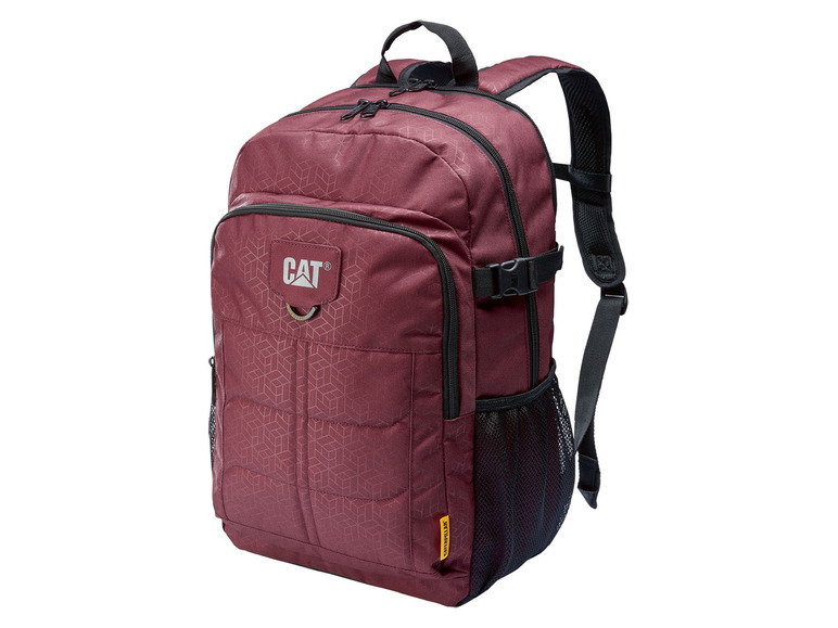 Ein roter CAT Rucksack mit einem Netzseitentasche.