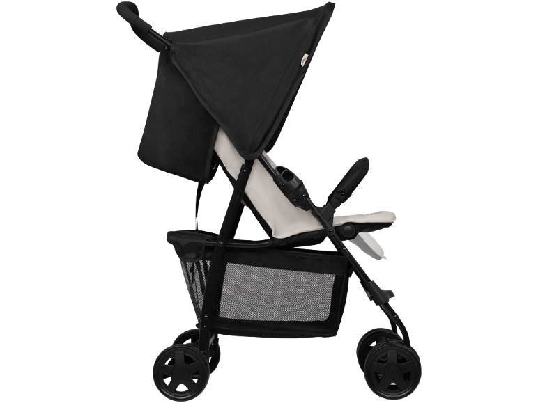 Schwarz-beiger Kinderwagen mit Verdeck und Netzkorb