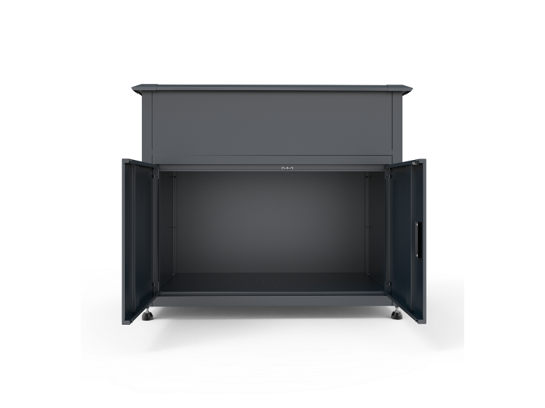 Dunkelgrauer Metallschrank mit zwei offenen Türen und einem oberen Fach.